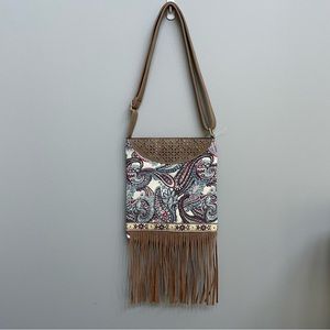 NWOT Suede Fringe with Paisley Design Crossbody Bag